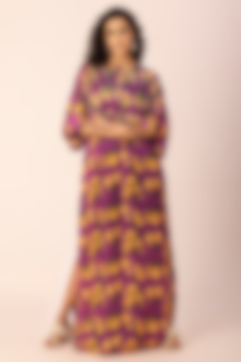 Purple Satin Pearl Hand Embroidered Kaftan by Ewoke