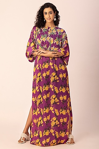 Purple Satin Pearl Hand Embroidered Kaftan by Ewoke