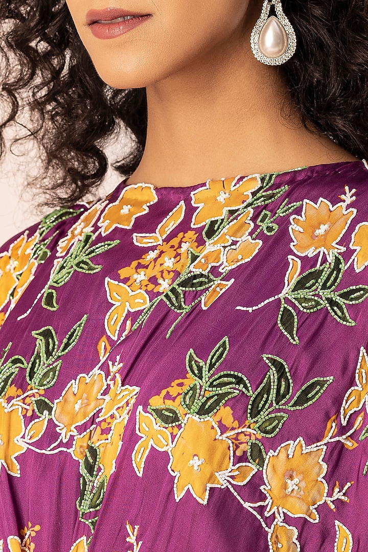 Purple Satin Pearl Hand Embroidered Kaftan by Ewoke at Pernia's Pop Up Shop