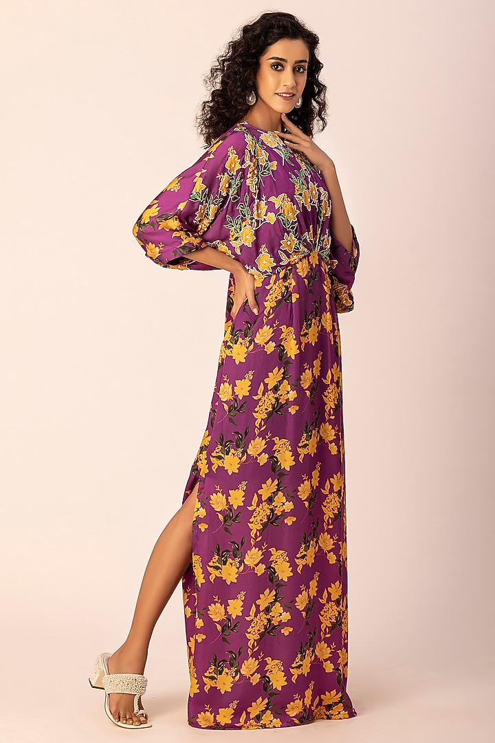 Purple Satin Pearl Hand Embroidered Kaftan by Ewoke at Pernia's Pop Up Shop
