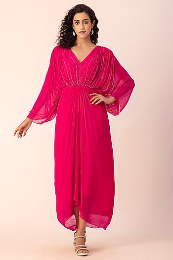 Pink Georgette Crystal & Beads Hand Embroidered Draped Vacation Dress by Ewoke at Pernia's Pop Up Shop