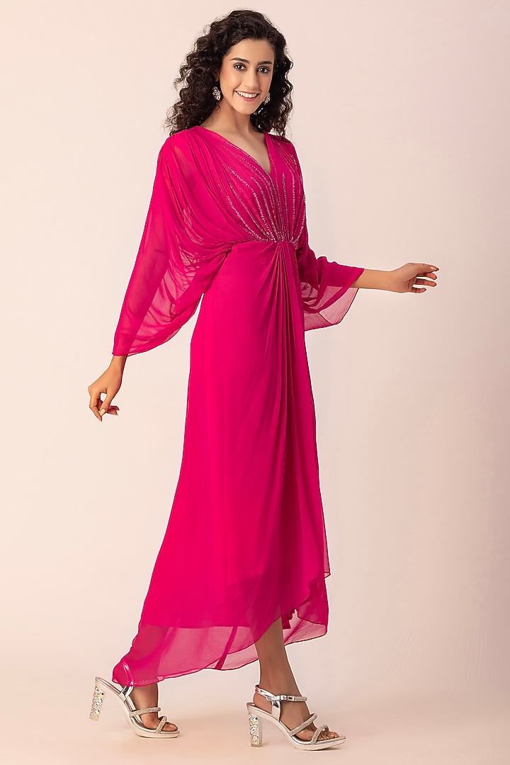 Pink Georgette Crystal & Beads Hand Embroidered Draped Vacation Dress by Ewoke at Pernia's Pop Up Shop
