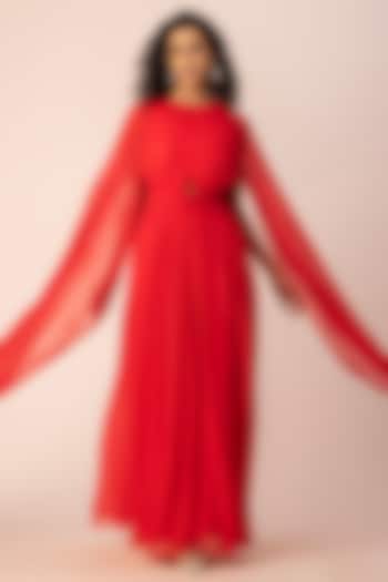 Red Georgette Hand Embellished Pleated Gown by Ewoke