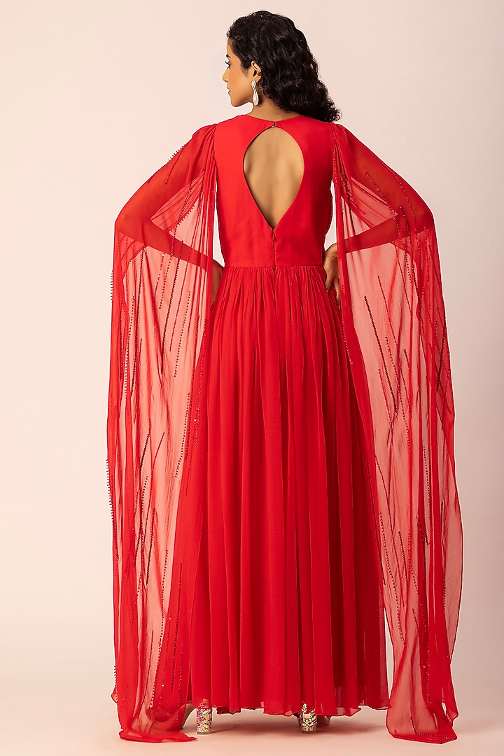 Red Georgette Hand Embellished Pleated Party Wear Gown by Ewoke at Pernia's Pop Up Shop