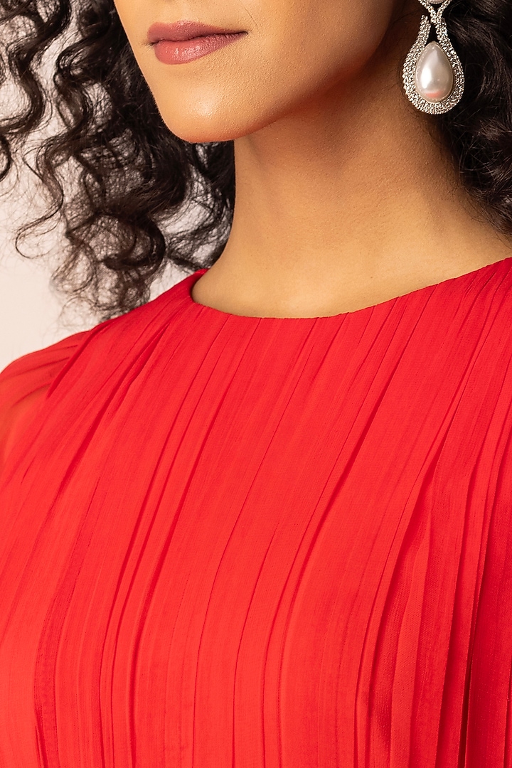 Red Georgette Hand Embellished Pleated Party Wear Gown by Ewoke at Pernia's Pop Up Shop