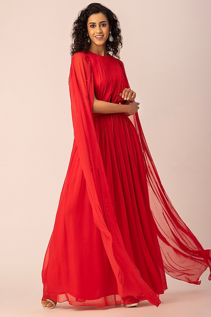 Red Georgette Hand Embellished Pleated Party Wear Gown by Ewoke at Pernia's Pop Up Shop