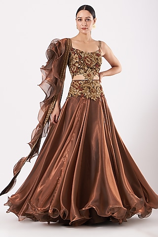 Copper Organza Satin Skirt Set by Expressionist By Jaspreet
