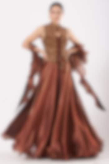 Copper Organza Satin Jacket Dress With Dupatta by Expressionist By Jaspreet