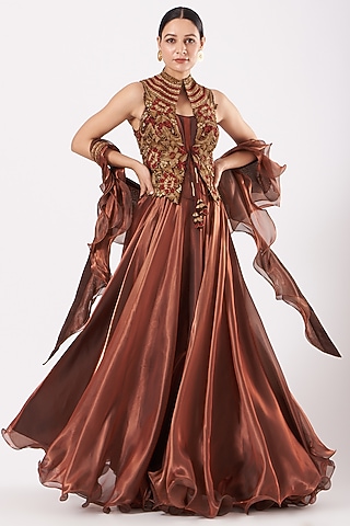 Copper Organza Satin Jacket Dress With Dupatta by Expressionist By Jaspreet