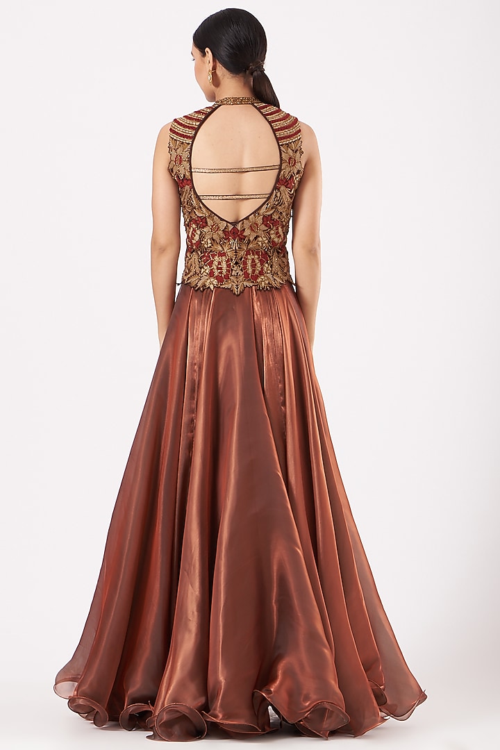 Copper Organza Satin Jacket Party Wear Dress With Dupatta by Expressionist By Jaspreet at Pernia's Pop Up Shop