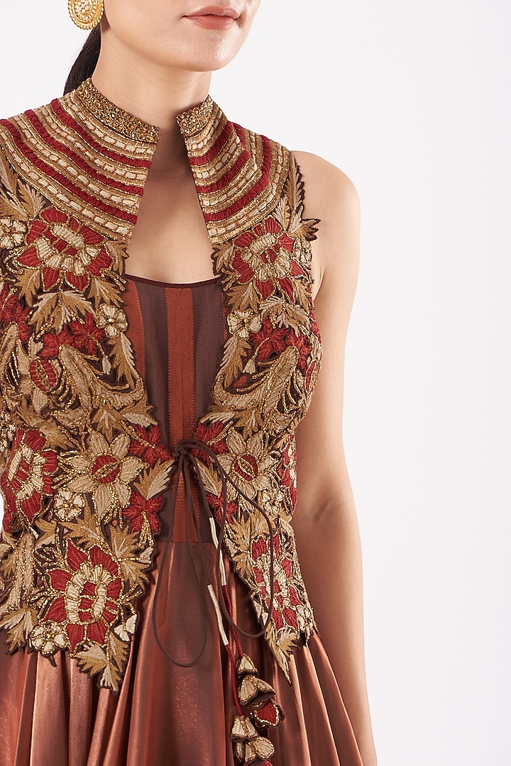 Copper Organza Satin Jacket Party Wear Dress With Dupatta by Expressionist By Jaspreet at Pernia's Pop Up Shop