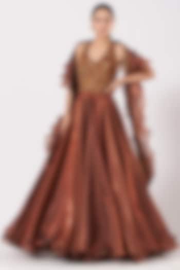 Copper Organza Satin Flared Dress With Dupatta by Expressionist By Jaspreet