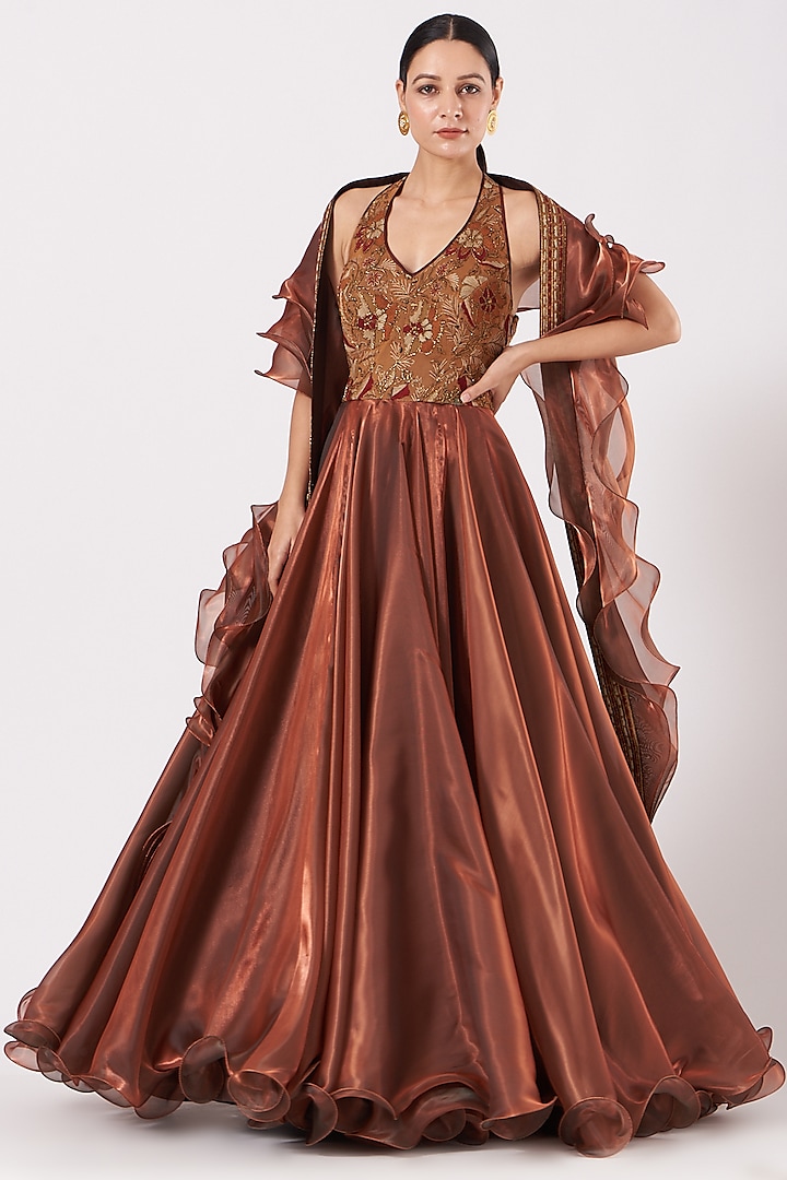 Copper Organza Satin Flared Dress With Dupatta by Expressionist By Jaspreet