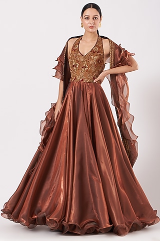 Copper Organza Satin Flared Dress With Dupatta by Expressionist By Jaspreet
