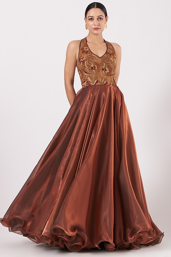 Copper Organza Satin Flared Party Wear Dress With Dupatta by Expressionist By Jaspreet at Pernia's Pop Up Shop