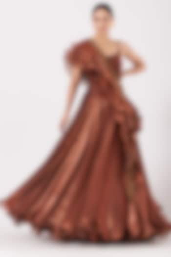 Copper Organza Satin Flared Maxi Dress With Dupatta by Expressionist By Jaspreet