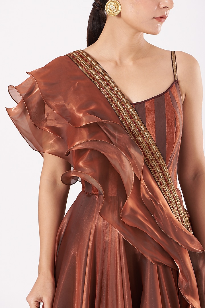 Copper Organza Satin Flared Maxi Cocktail Dress With Dupatta by Expressionist By Jaspreet at Pernia's Pop Up Shop