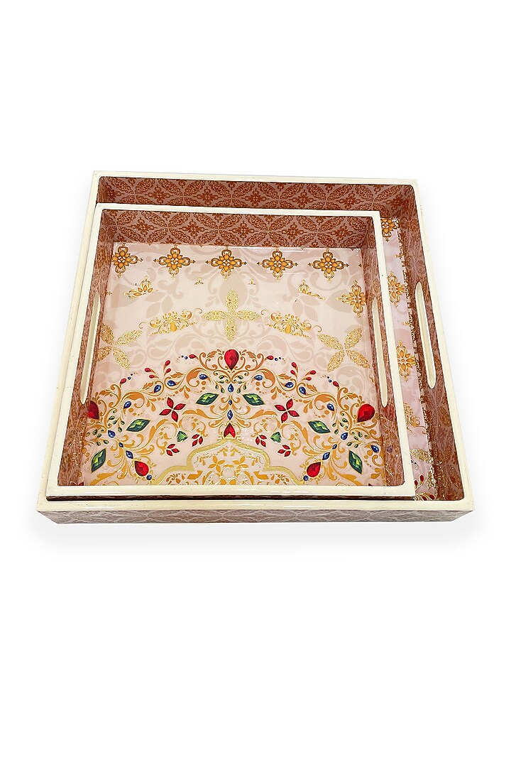 White & Gold Wooden Square Tray (Set of 2) by Expression Gifting at Pernia's Pop Up Shop