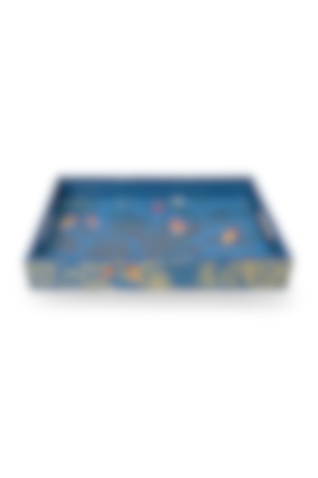 Blue Wooden Floral Printed Rectangular Tray Set by Expression Gifting