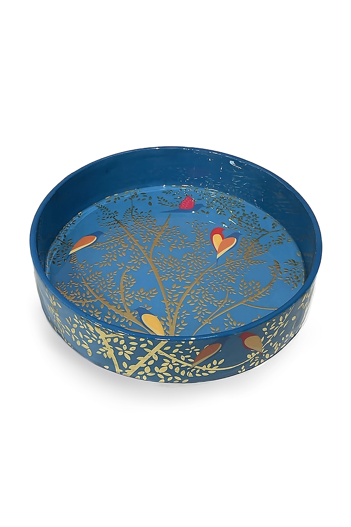 Blue Wooden Floral Printed Round Tray Set by Expression Gifting