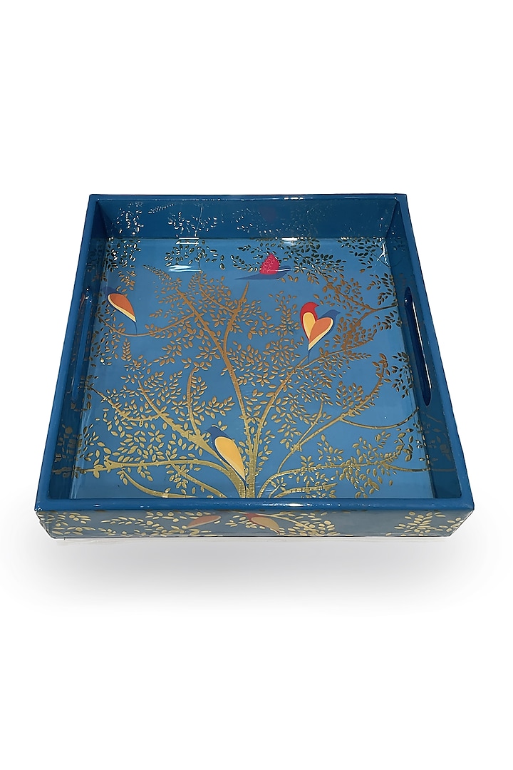 Blue Wooden Floral Printed Square Tray Set by Expression Gifting