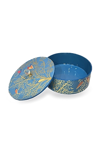 Blue Wooden Floral Printed Round Box by Expression Gifting