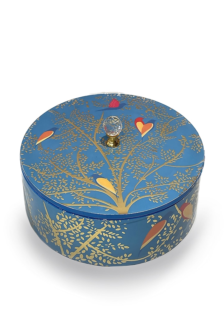 Blue Wooden Floral Printed Round Box by Expression Gifting at Pernia's Pop Up Shop