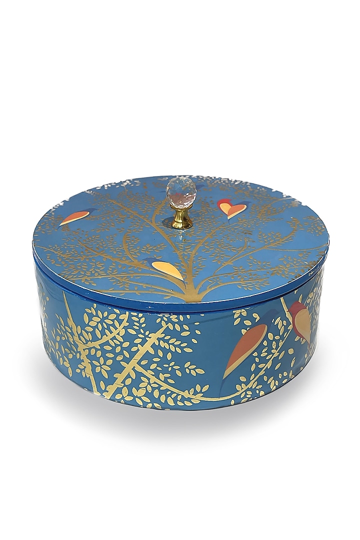 Blue Wooden Floral Printed Round Box by Expression Gifting at Pernia's Pop Up Shop