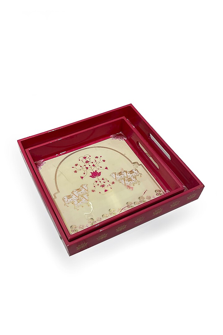 Pink & White Wooden Printed Square Tray Set by Expression Gifting at Pernia's Pop Up Shop