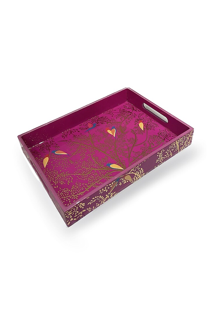 Magenta Pink Wooden Printed Rectangular Tray Set by Expression Gifting