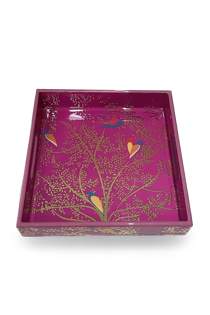 Magenta Pink Wooden Printed Square Tray Set by Expression Gifting