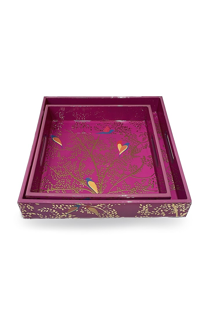 Magenta Pink Wooden Printed Square Tray Set by Expression Gifting at Pernia's Pop Up Shop