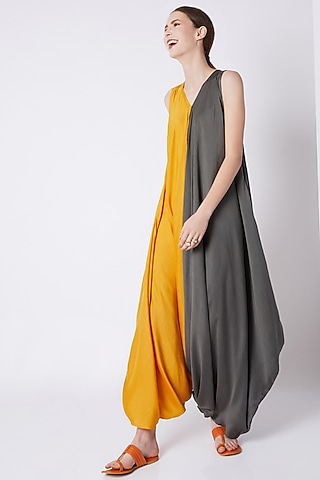 Mustard Color Blocked Jumpsuit by EZRA