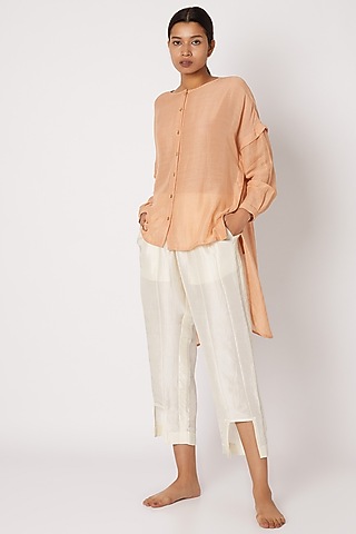 Blush Pink Shirt With Draping Sleeves by EZRA
