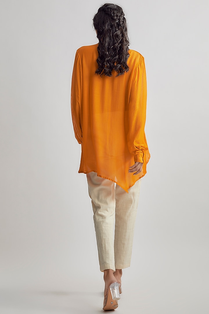 Orange Crushed Cotton & Moonga Silk Shirt by EZRA at Pernia's Pop Up Shop