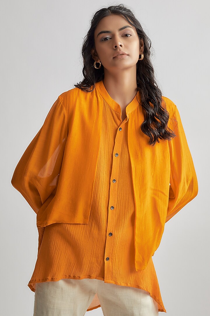 Orange Crushed Cotton & Moonga Silk Shirt by EZRA
