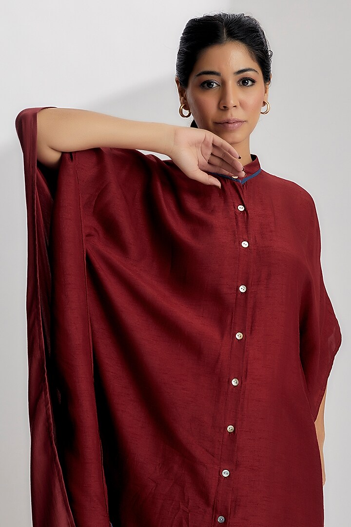 Red Dola Silk & Cotton Satin Kaftan Set by EZRA at Pernia's Pop Up Shop