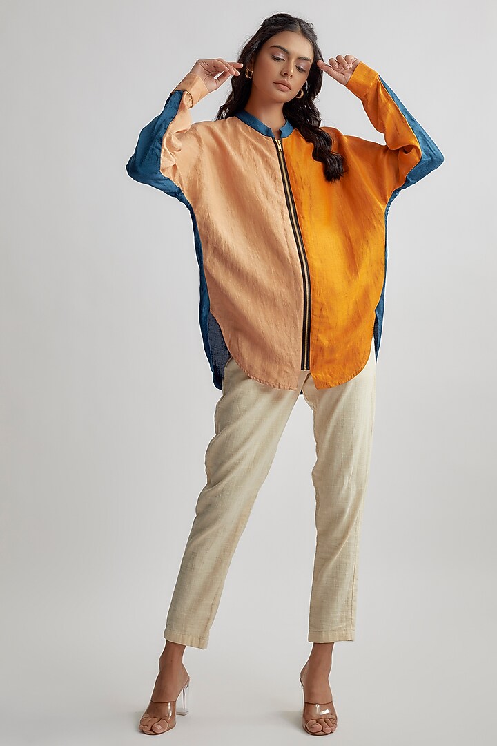 Orange Linen Satin Zipper Shirt by EZRA at Pernia's Pop Up Shop