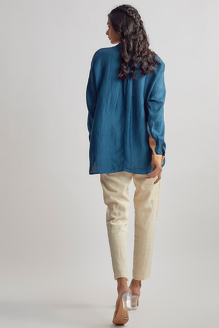 Orange Linen Satin Zipper Shirt by EZRA at Pernia's Pop Up Shop