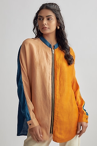 Orange Linen Satin Zipper Shirt by EZRA