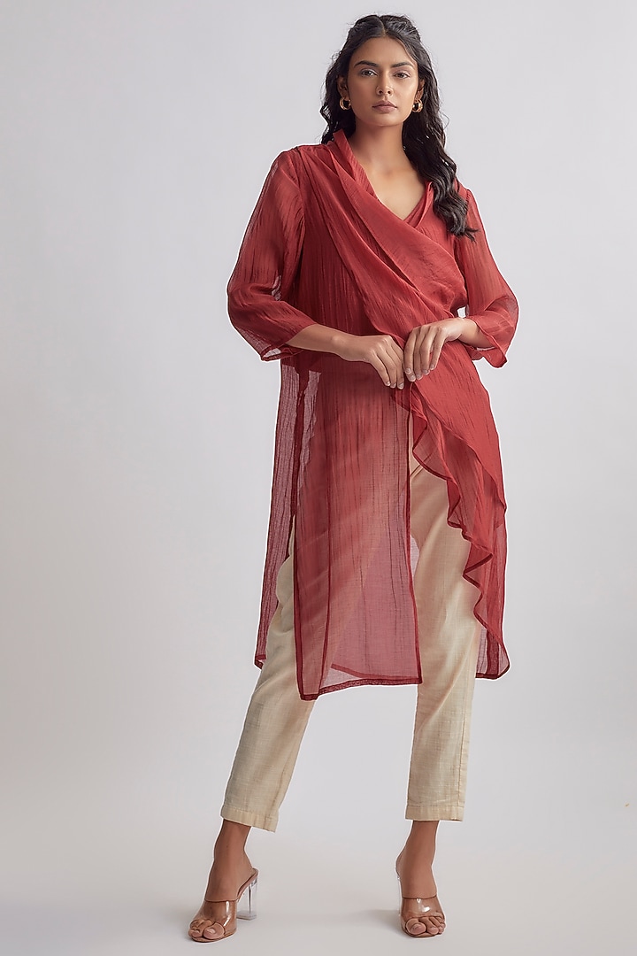 Red Chanderi & Satin Cowl Top by EZRA at Pernia's Pop Up Shop