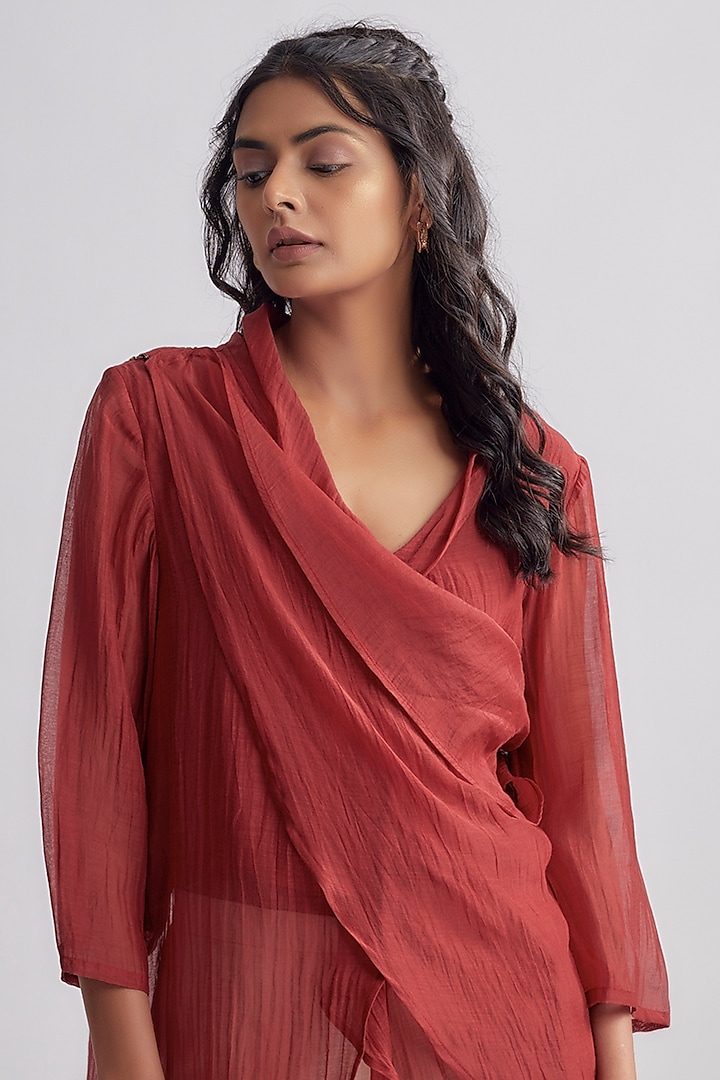 Red Chanderi & Satin Cowl Top by EZRA