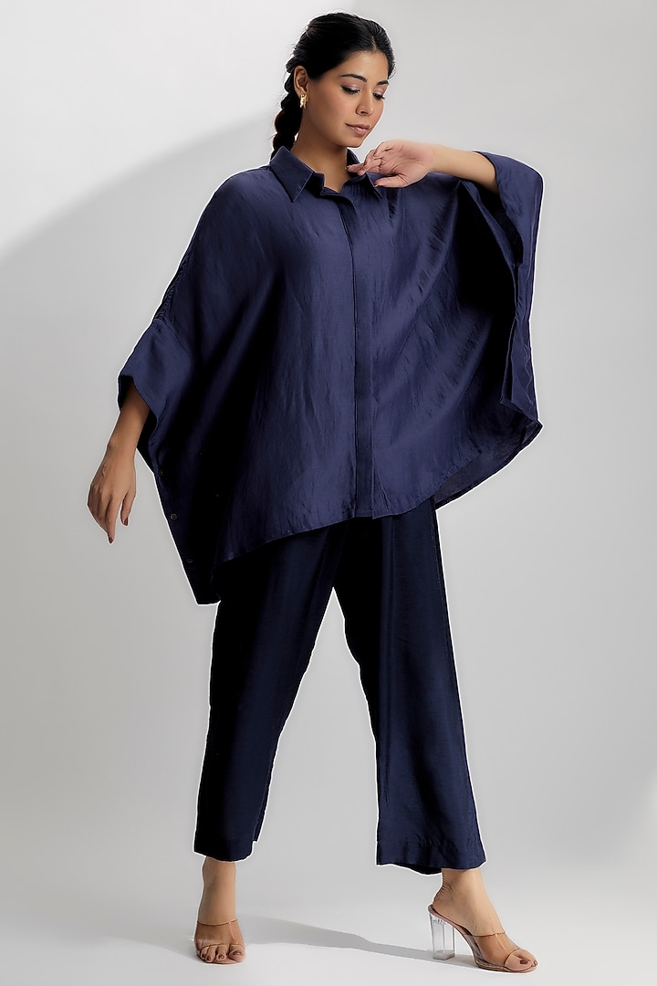 Blue Linen Satin & Cotton Satin Shirt by EZRA at Pernia's Pop Up Shop