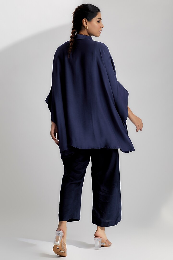 Blue Linen Satin & Cotton Satin Shirt by EZRA at Pernia's Pop Up Shop