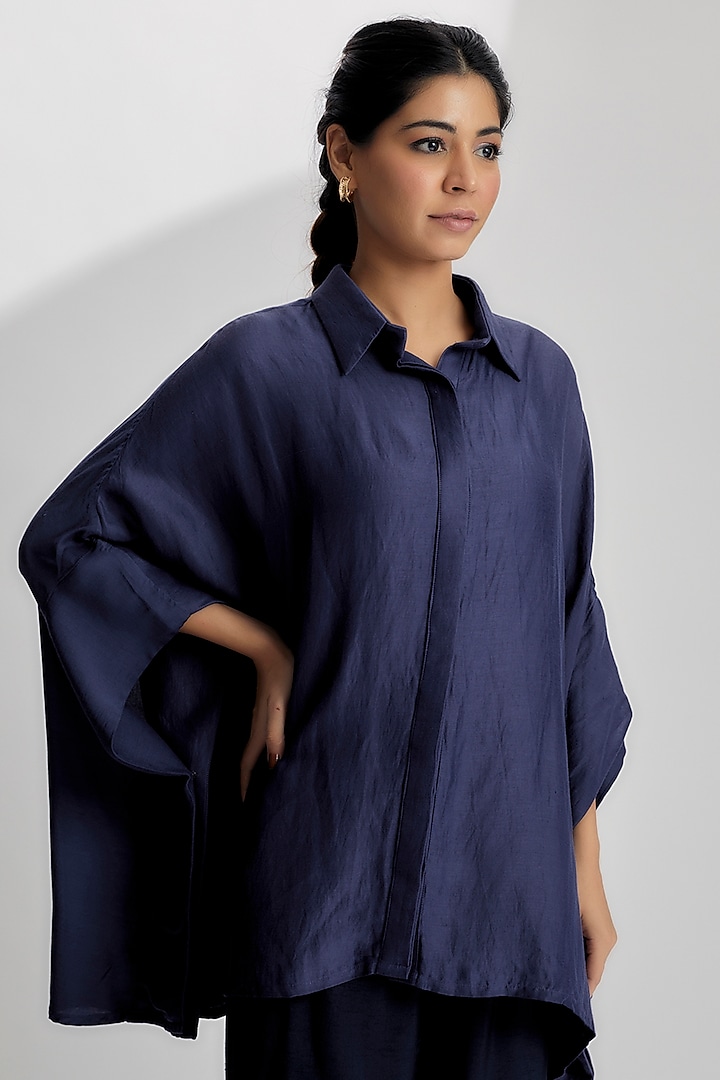 Blue Linen Satin & Cotton Satin Shirt by EZRA