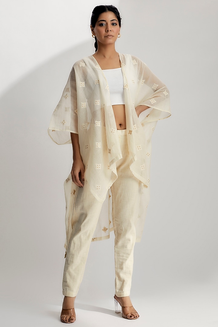 Ivory Chanderi Cotton Embroidered Jacket by EZRA at Pernia's Pop Up Shop