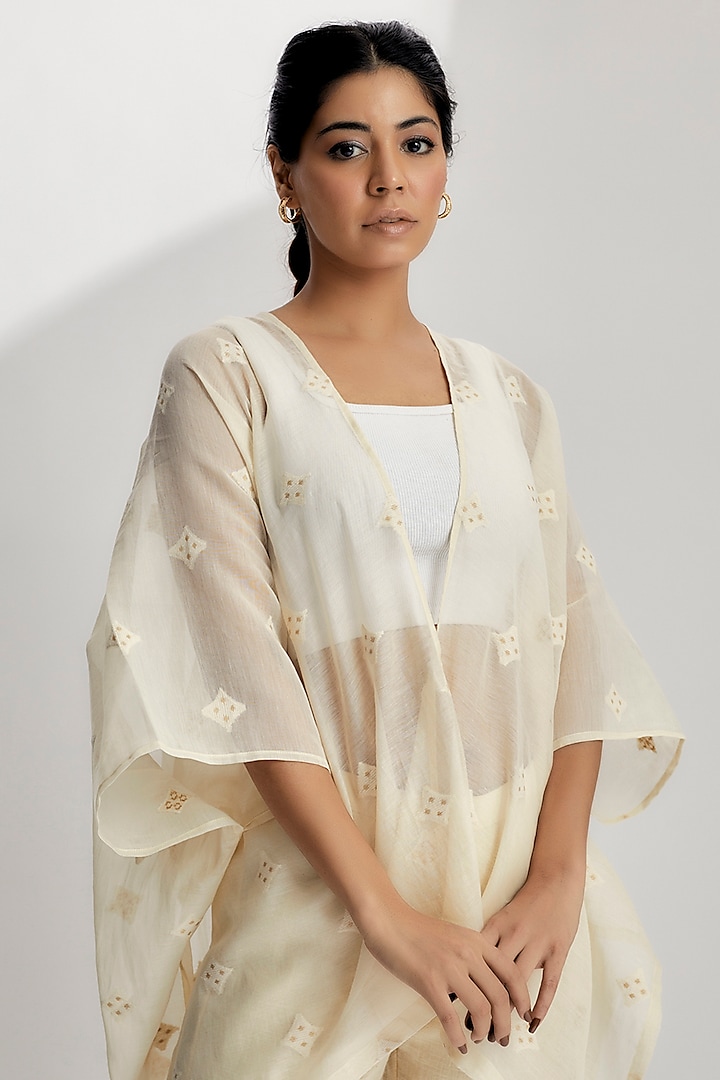 Ivory Chanderi Cotton Embroidered Jacket by EZRA