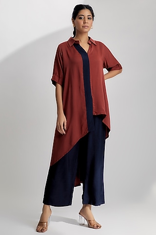 Red Cotton Satin Co-Ord Set by EZRA