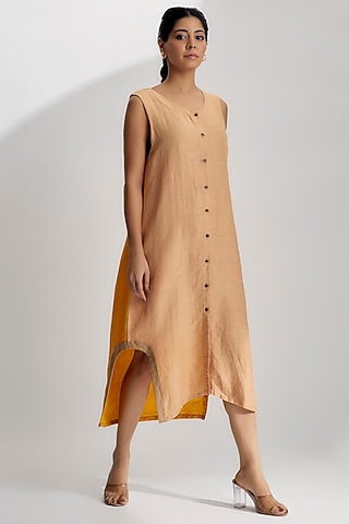 Beige Linen Satin Dress by EZRA