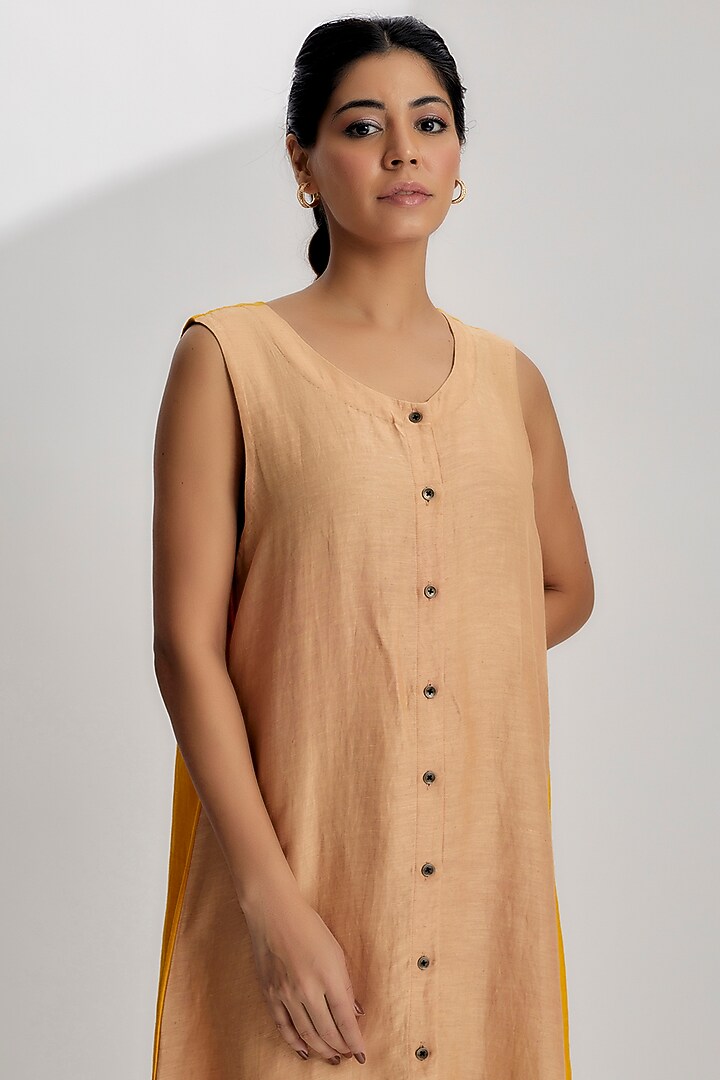 Beige Linen Satin Summer Dress by EZRA at Pernia's Pop Up Shop